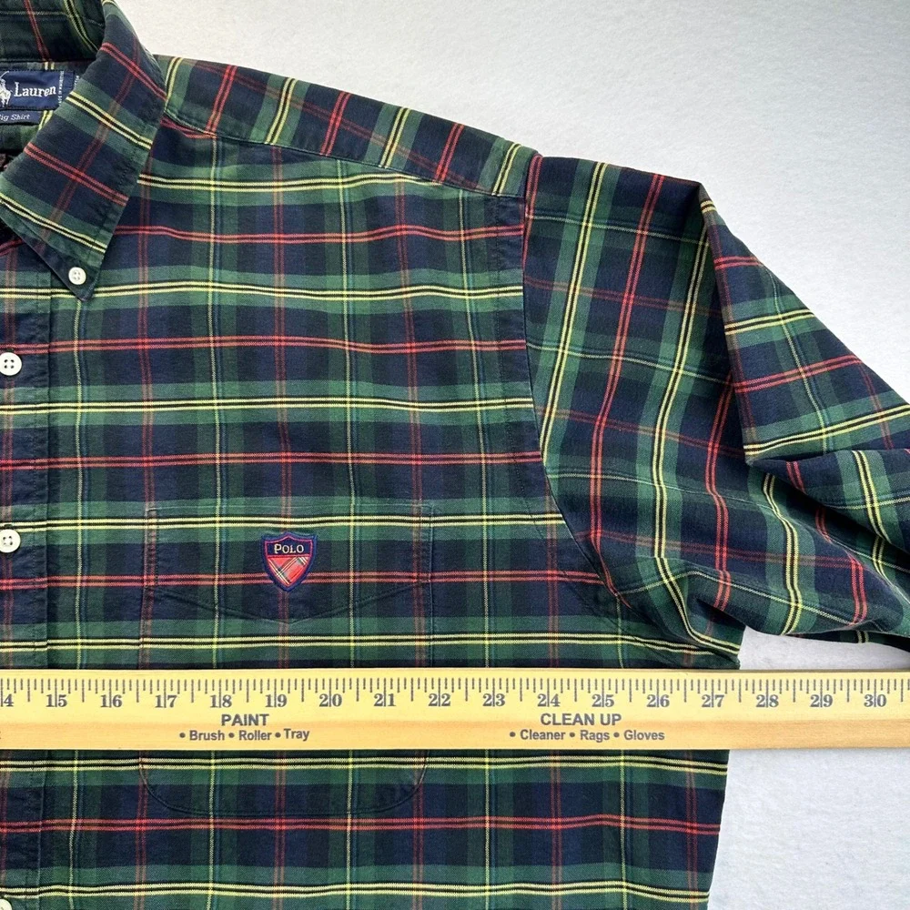 VTG Ralph Lauren The Big Shirt Mens Large Green Plaid Button Down Logo Crest